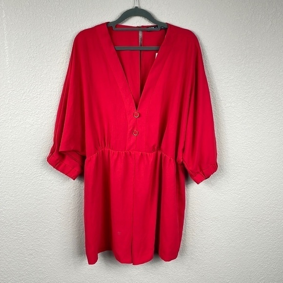 NWT Zara Red Romper Half Puff Dolman Sleeve V Neck Shorts Sz L - Picture 3 of 15